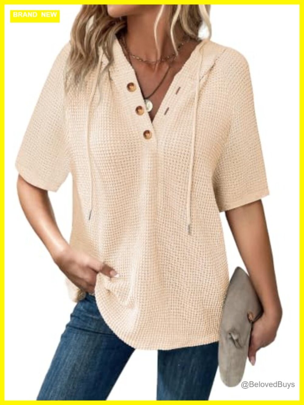 Waffle Knit V-Neck Hooded Pullover Oversized Short Sleeve Women's Top